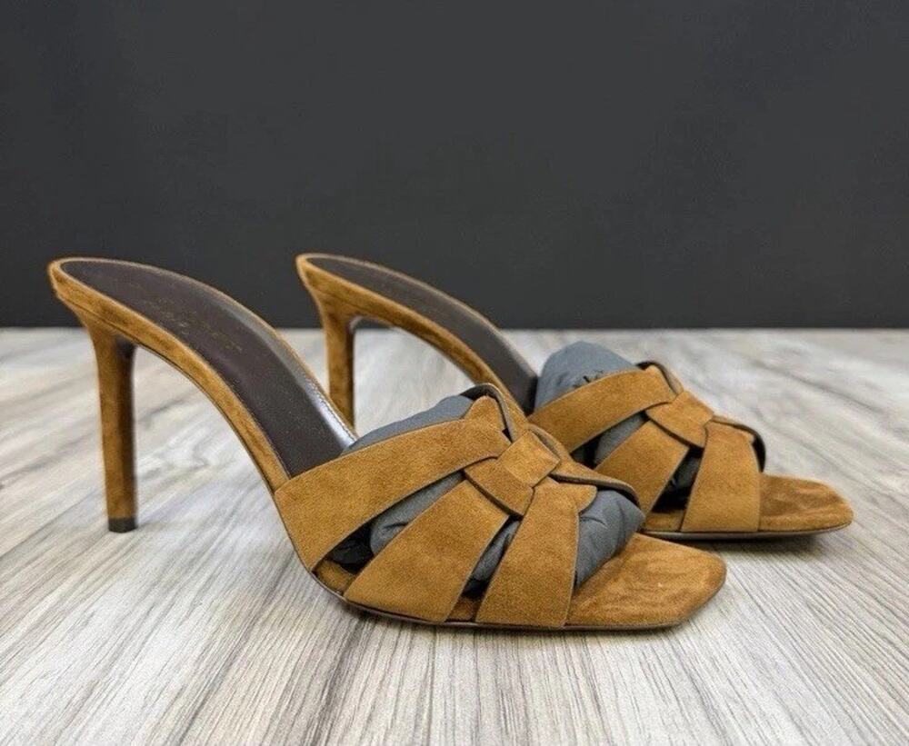 Saint Laurent Tribute 85 Mules YSL Brown Suede Interlocking Straps US 12 NEW